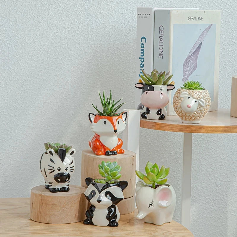 Nordic New Style Ceramic Animal Flower Pot Cartoon Zebra Sheep Cow Head Mini Pot Succulents Plants Bonsai Pots Home Decoration