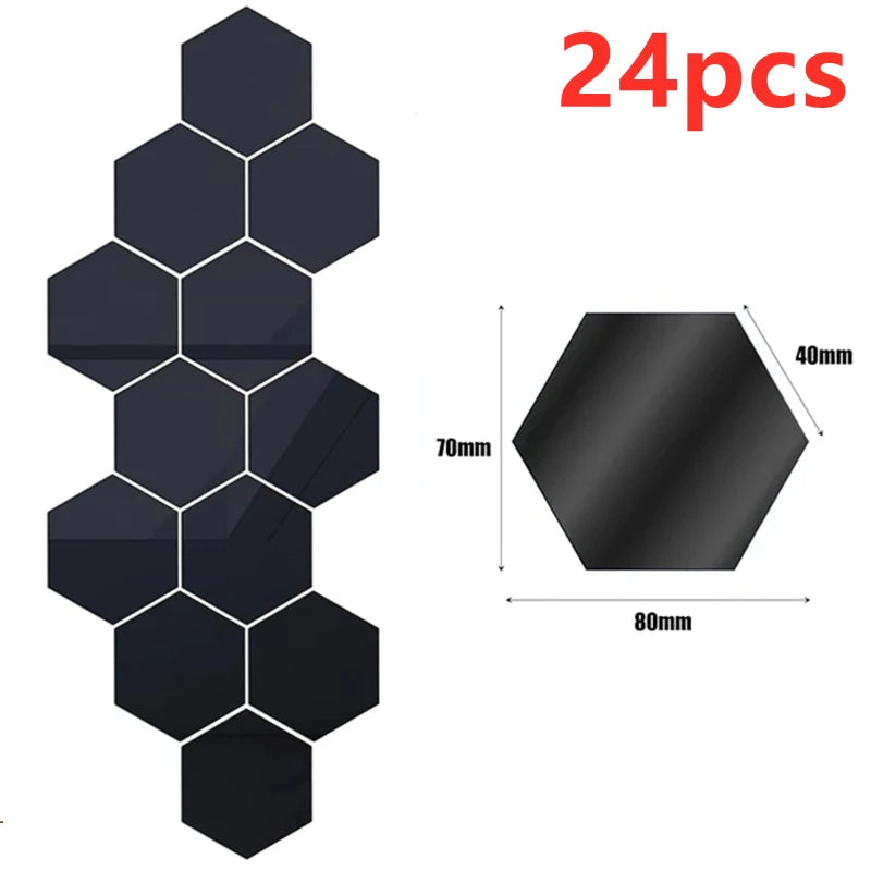 12/24Pcs 3D Hexagon Mirror Wall Stickers DIY Removable Self Adhesive Aesthetic Mosaic Tiles Decals Mirror Home Decoration