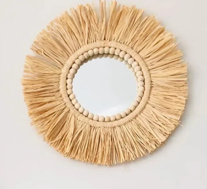 Boho Decor Mirror Nordica Straw Woven Romantic Wedding Wall Acrylic Mirror Wall Decoration Macrame Decotativos Espejo Bedroom