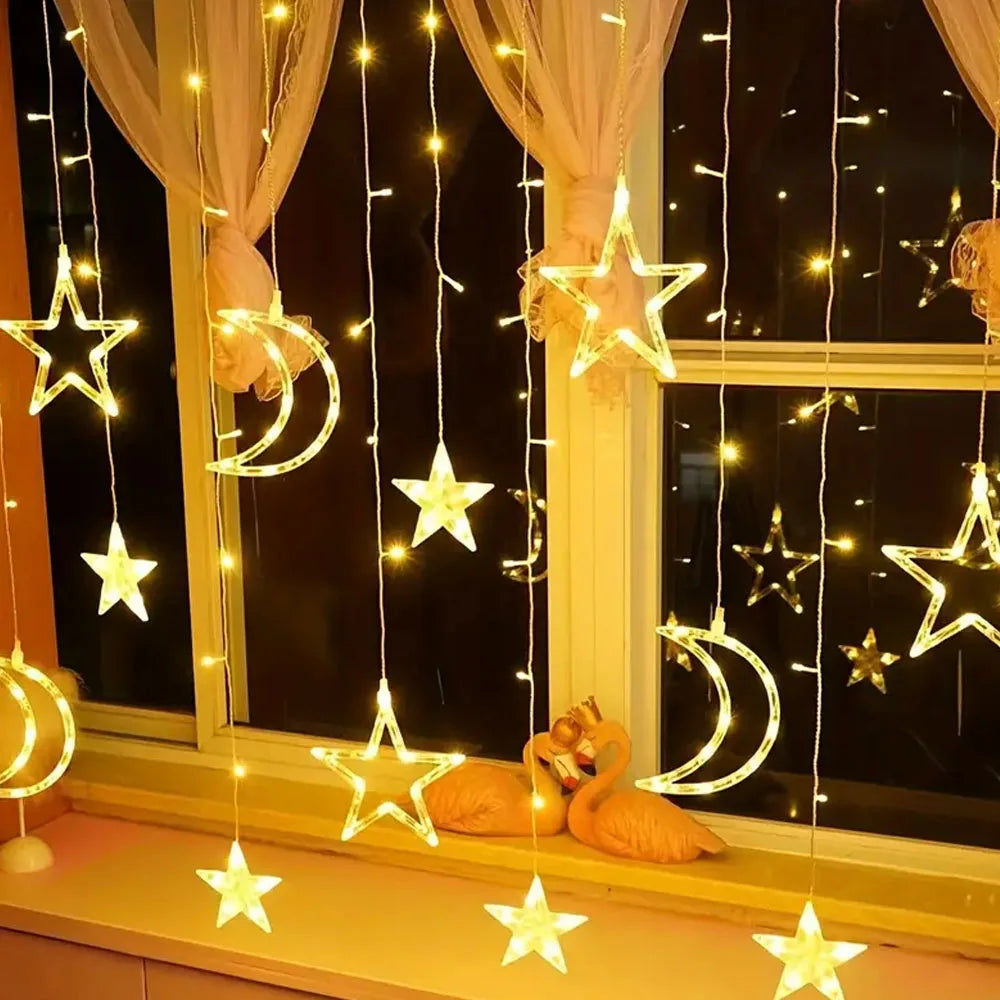 3.5m Star Moon LED Curtain String Light Battery Power Christmas Garland Fairy Lamp for Outdoor Garden Wedding Xmas NewYear Decor