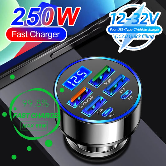 250W PD Car Charger QC3.0 Fast Charge One to Six Car Cigarette Lighter Plug Car Charger Flash Charge with Digital Display