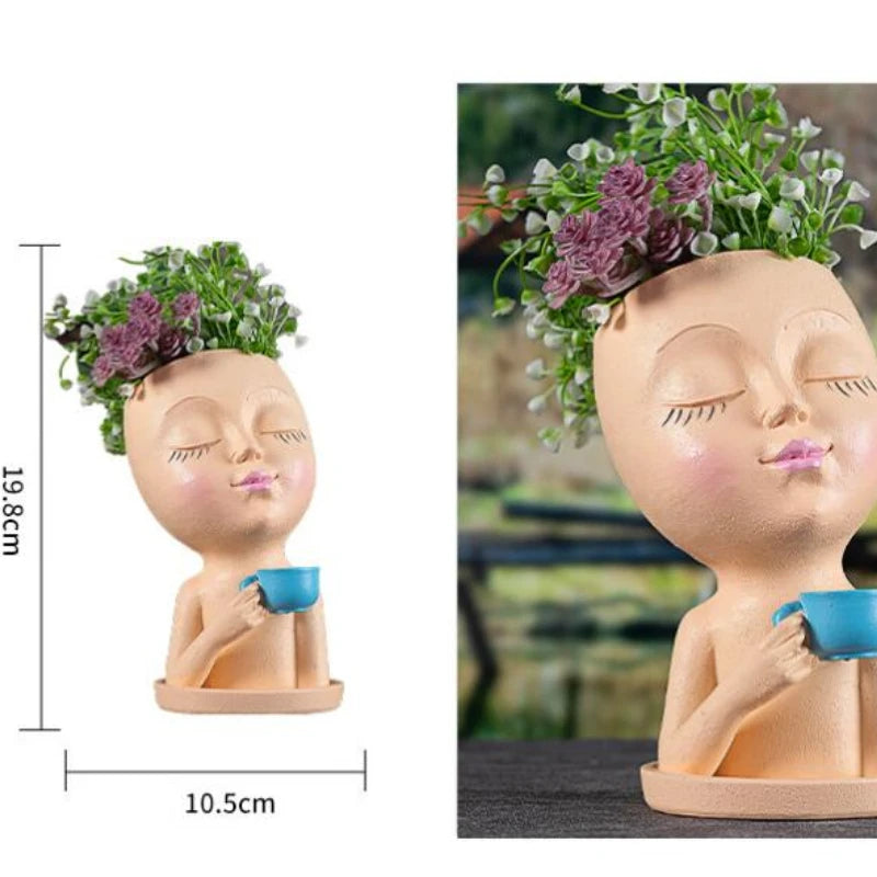 Nordic Garden Crafts Resin Ornament Vase Cute Coffee Girl Flower Pot Creative Decoration Horticulture Succulent Pot Plant Pot