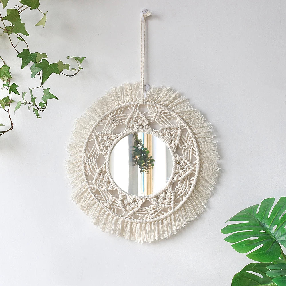 Macrame Decorative Wall Mirror  Boho Home Decor Makeup Aesthetic Mirrors Living Room Bedroom Christmas Wedding Decoration Gift