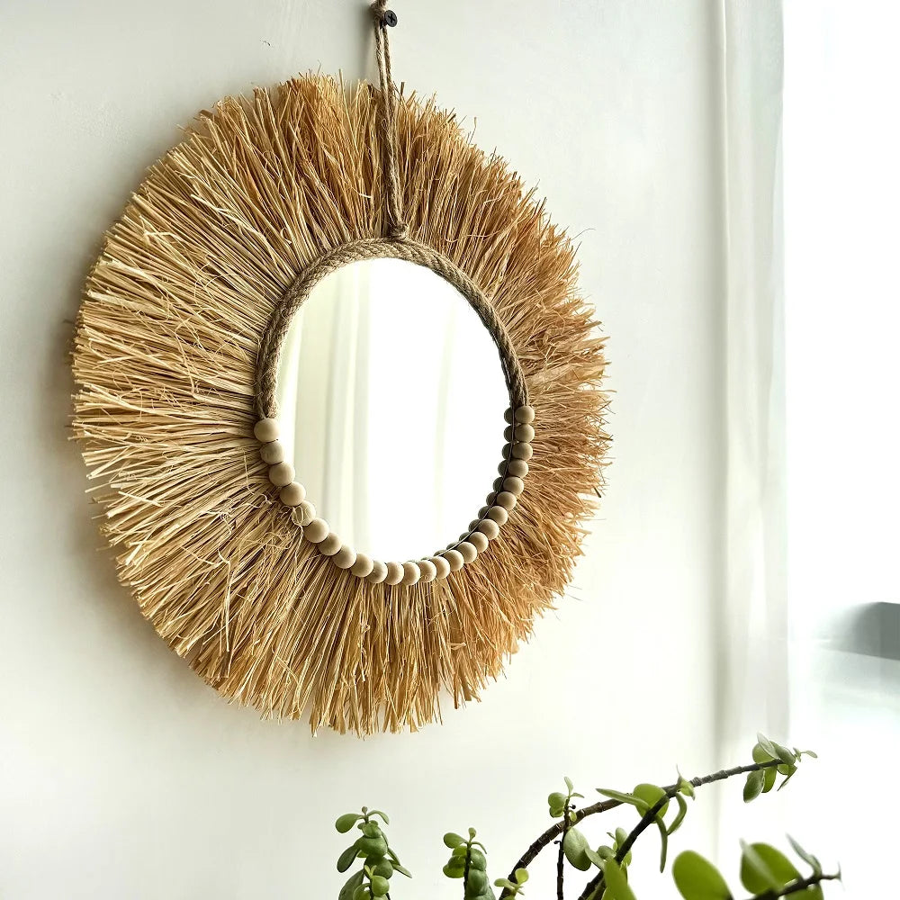 Handmade Boho Raffia Mirror Wall Hanging Decor Rustic  Boho Circle Acrylic Mirrors with Wood Bead Farmhouse Aesthetic Nursery