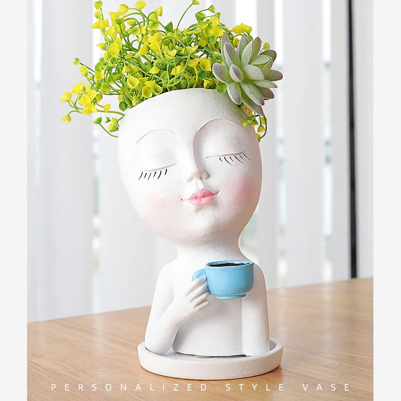 Nordic Garden Crafts Resin Ornament Vase Cute Coffee Girl Flower Pot Creative Decoration Horticulture Succulent Pot Plant Pot