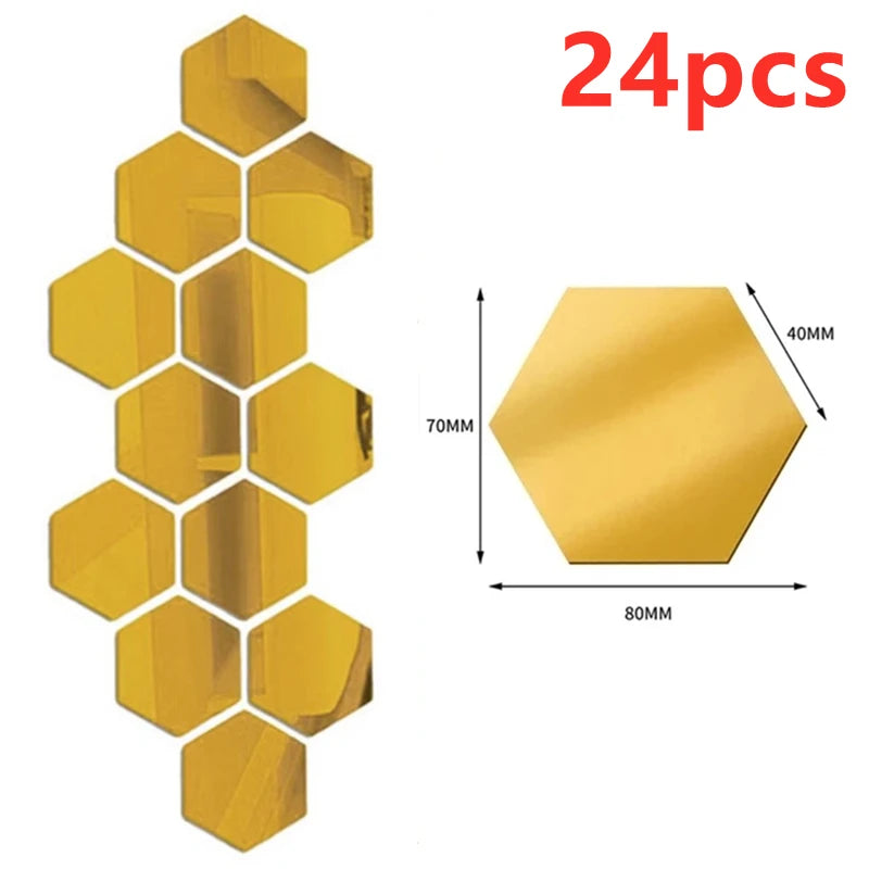 12/24Pcs 3D Hexagon Mirror Wall Stickers DIY Removable Self Adhesive Aesthetic Mosaic Tiles Decals Mirror Home Decoration