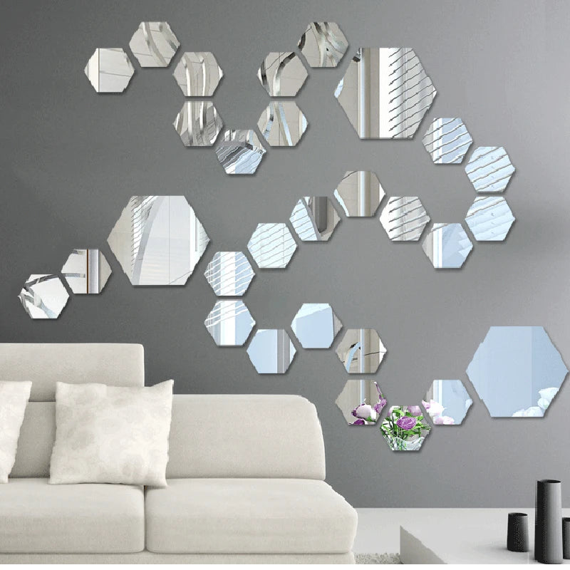 12/24Pcs 3D Hexagon Mirror Wall Stickers DIY Removable Self Adhesive Aesthetic Mosaic Tiles Decals Mirror Home Decoration