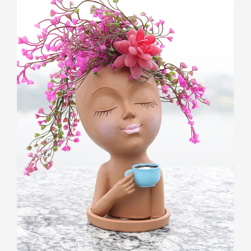 Nordic Garden Crafts Resin Ornament Vase Cute Coffee Girl Flower Pot Creative Decoration Horticulture Succulent Pot Plant Pot