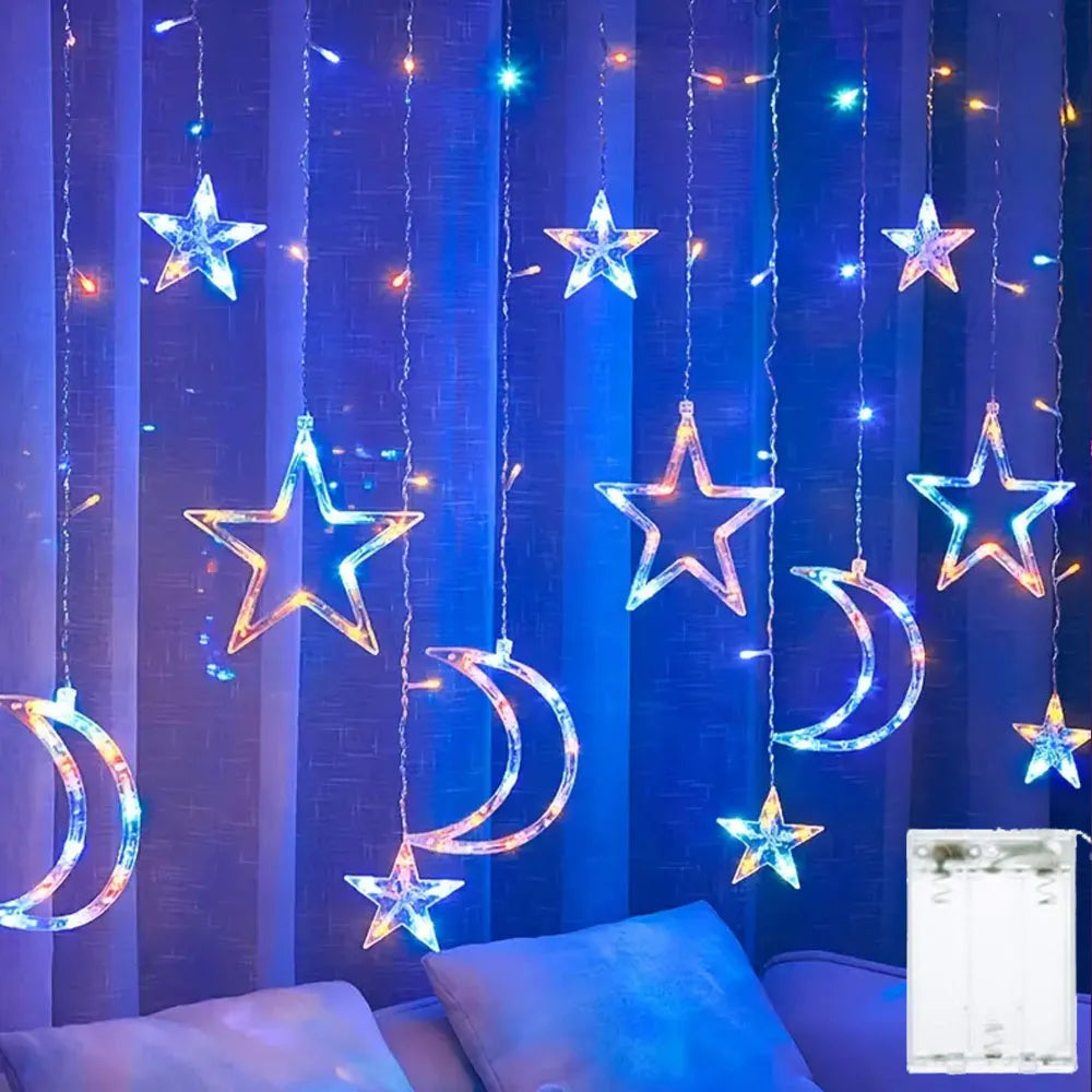 3.5m Star Moon LED Curtain String Light Battery Power Christmas Garland Fairy Lamp for Outdoor Garden Wedding Xmas NewYear Decor