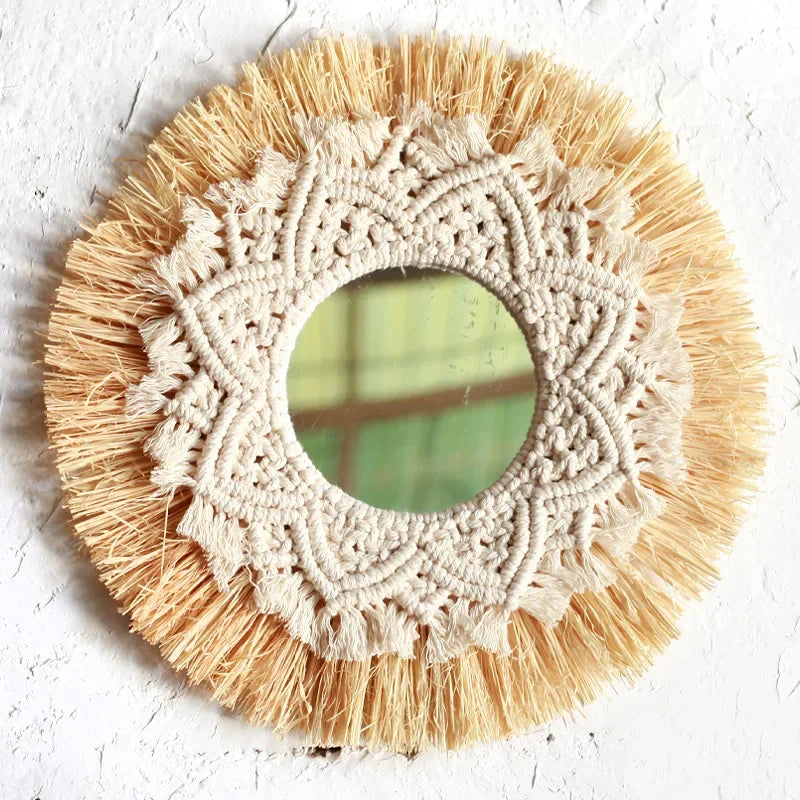 Boho Decor Mirror Nordica Straw Woven Romantic Wedding Wall Acrylic Mirror Wall Decoration Macrame Decotativos Espejo Bedroom