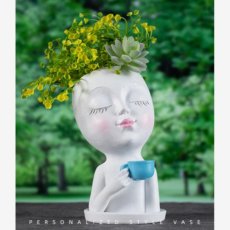 Nordic Garden Crafts Resin Ornament Vase Cute Coffee Girl Flower Pot Creative Decoration Horticulture Succulent Pot Plant Pot