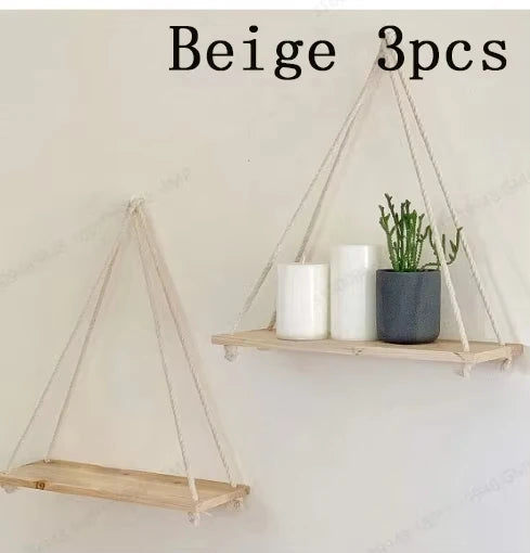 1PC Wooden Swing Hanging Hemp Rope Wall Shelve Mounted Floating Home Living Room Plant Flower Pot Tray Storage Garden Decoration