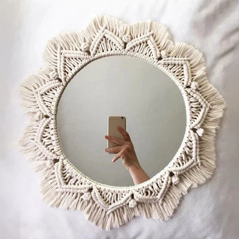 Macrame Decorative Wall Mirror  Boho Home Decor Makeup Aesthetic Mirrors Living Room Bedroom Christmas Wedding Decoration Gift