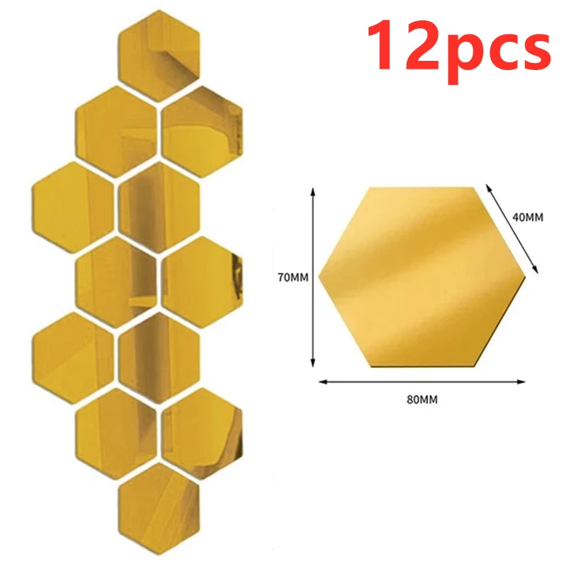 12/24Pcs 3D Hexagon Mirror Wall Stickers DIY Removable Self Adhesive Aesthetic Mosaic Tiles Decals Mirror Home Decoration